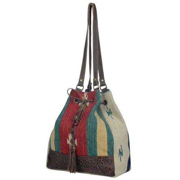 Myra Bag Handmade Radiant Bucket Bag Upcycled Canvas & Cowhide Leather - Picture 3 of 9